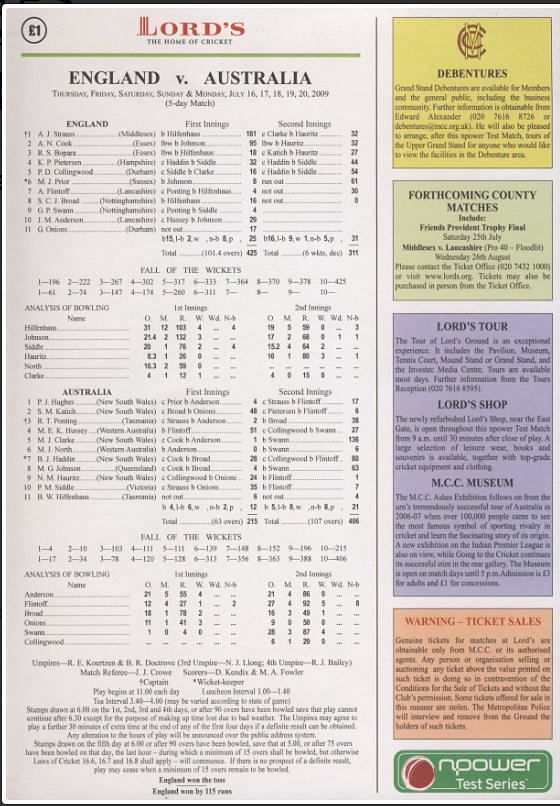 Scorecard of the 2009 Ashes at Lord's